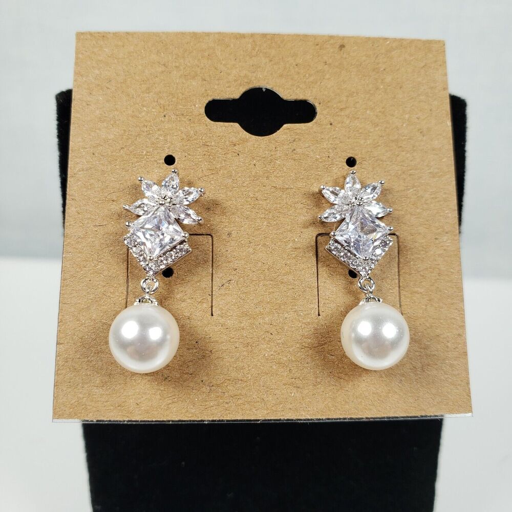 Eliza & Jane 925 Sterling Silver Cubic Zirconia Spinel Dangle Pearl  Earrings - Picture 4 of 9